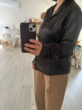 100% silk Zara Black Shirt with Subtle Gold Motif